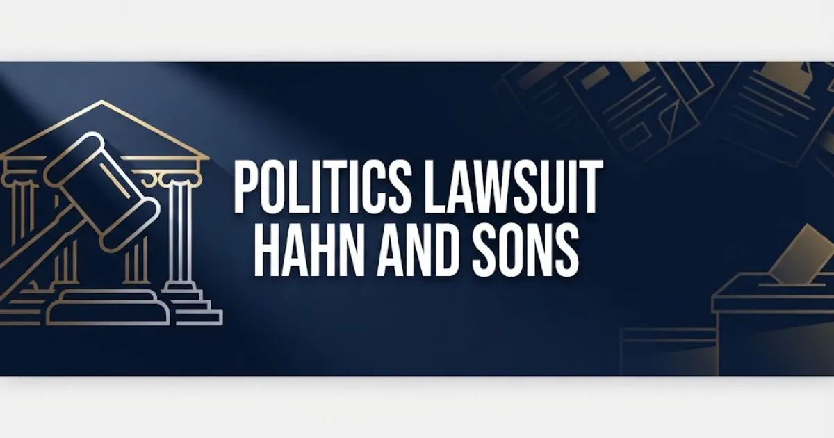 Politics lawsuit Hahn and Sons banner with gavel and government building icons on navy background