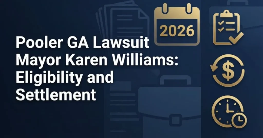 Pooler GA lawsuit Mayor Karen Williams eligibility and settlement graphic with legal documents and 2026 calendar icons