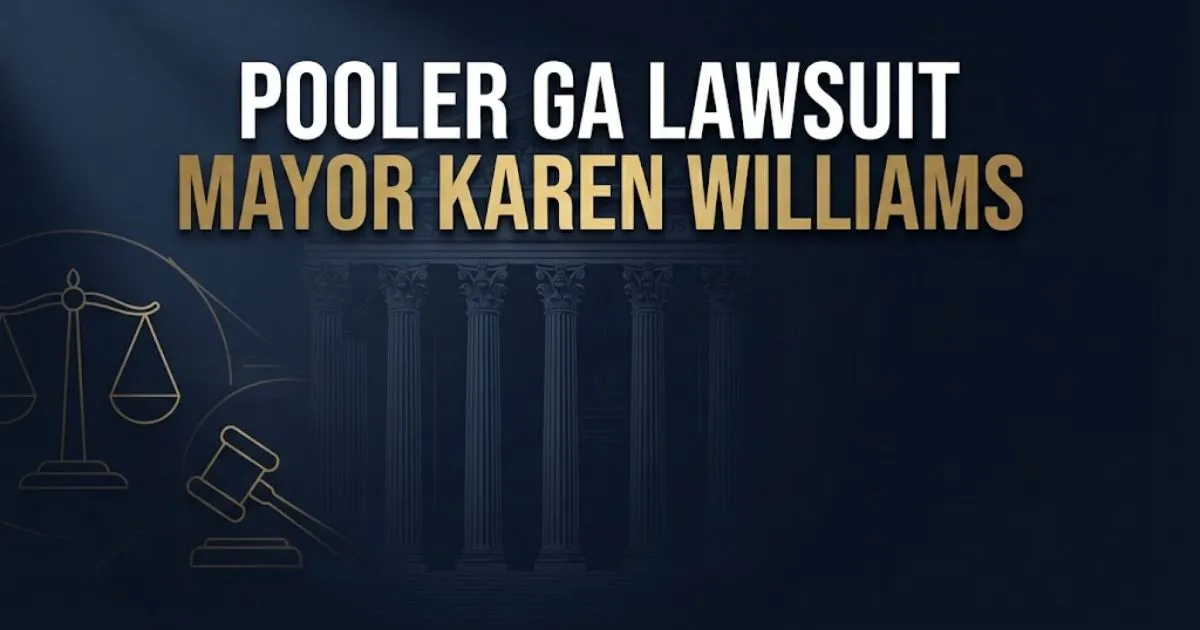 Pooler GA lawsuit Mayor Karen Williams hero banner with courthouse silhouette and legal scales on navy background