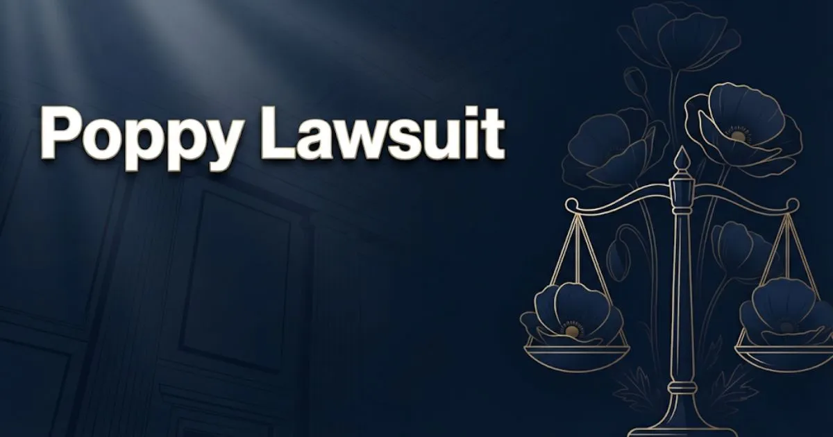 Poppy lawsuit banner with navy blue background, gold legal scales, and poppy flower silhouettes in editorial style