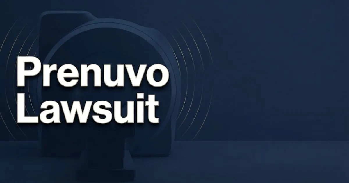 Prenuvo lawsuit hero banner with MRI scan imagery and bold legal headline text on navy background