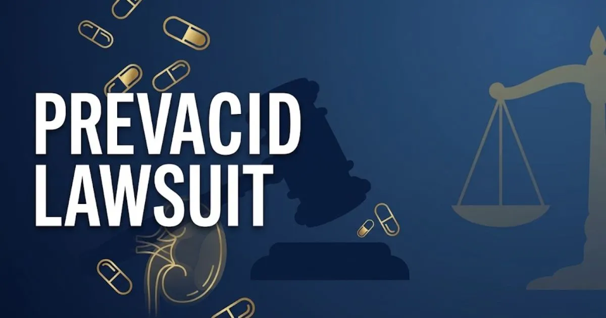 Prevacid lawsuit hero banner with gavel and pill icons on navy background