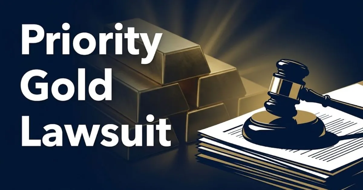 Priority Gold Lawsuit hero banner with gold bars and gavel on navy blue background