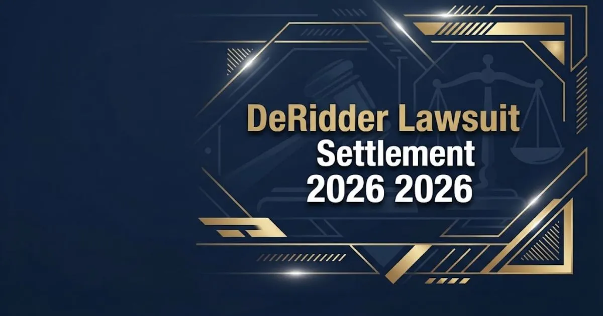 Professional legal banner showing scales of justice and bold text for the deridder lawsuit settlement 2026 2026.