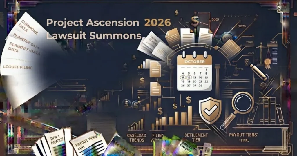 Project Ascension lawsuit summons 2026 settlement claim process infographic on navy background