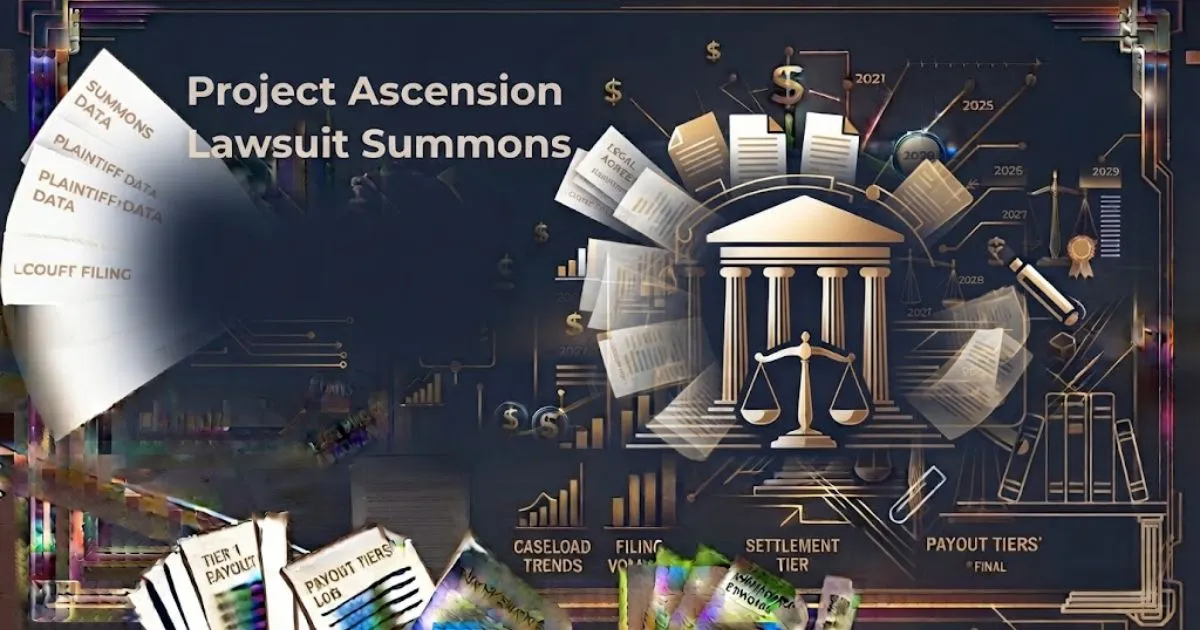 Project Ascension lawsuit summons hero banner with gold scales of justice on navy background