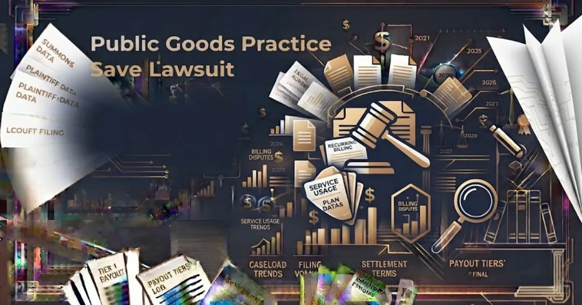Public Goods Practice Save Lawsuit hero banner with legal documents and gavel silhouette on navy background