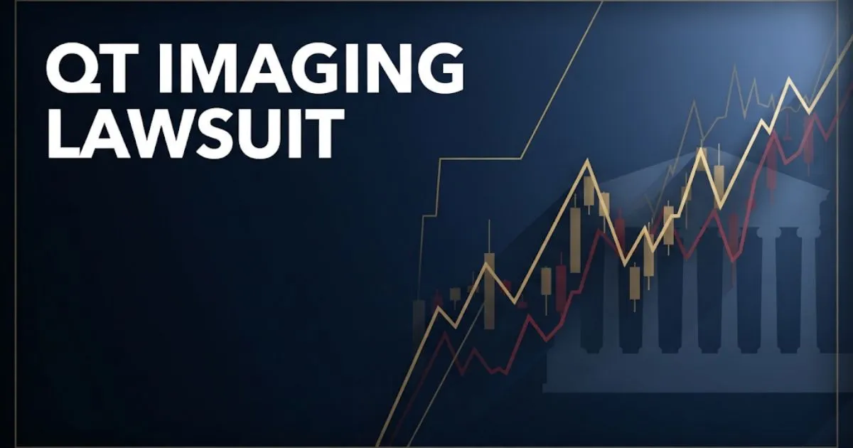 QT Imaging Lawsuit banner with falling stock chart graphics and courthouse silhouette on navy background