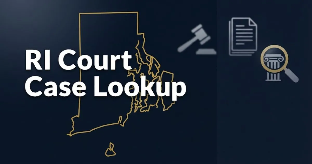 RI Court Case Lookup hero banner with Rhode Island state outline and legal icons on navy background