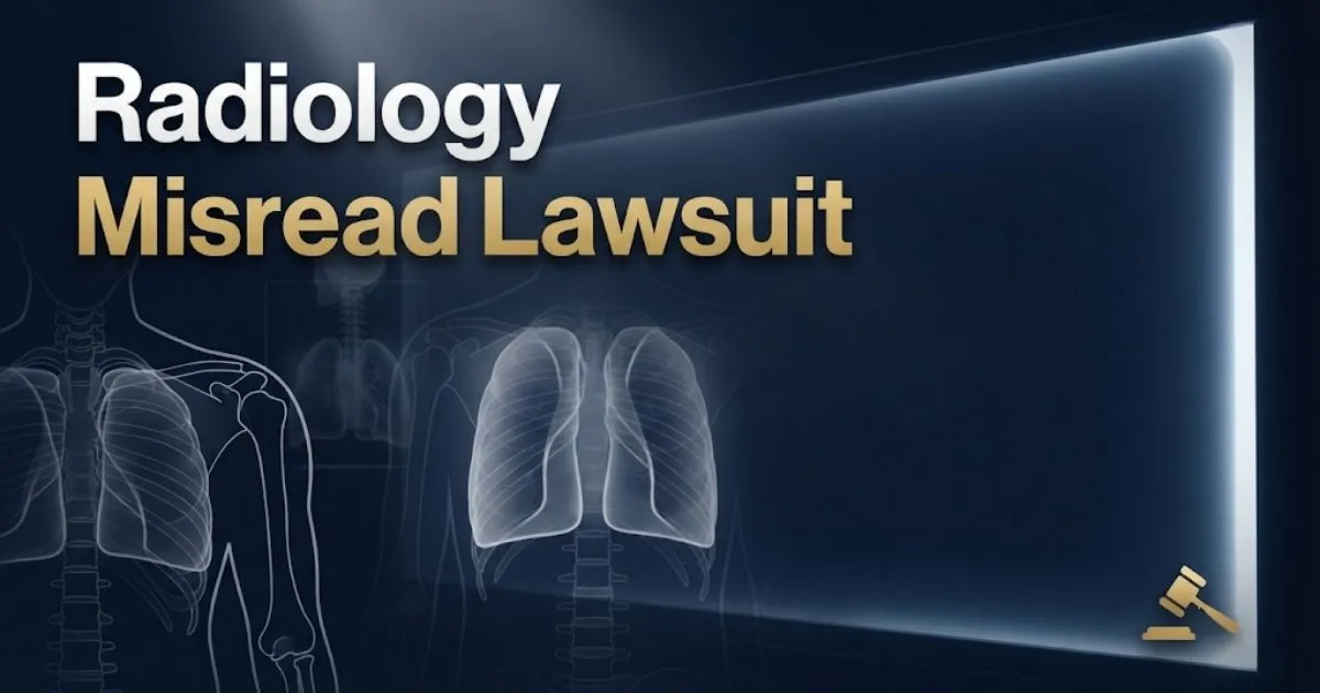 Radiology misread lawsuit hero banner with X-ray imagery and legal gavel icon on navy background