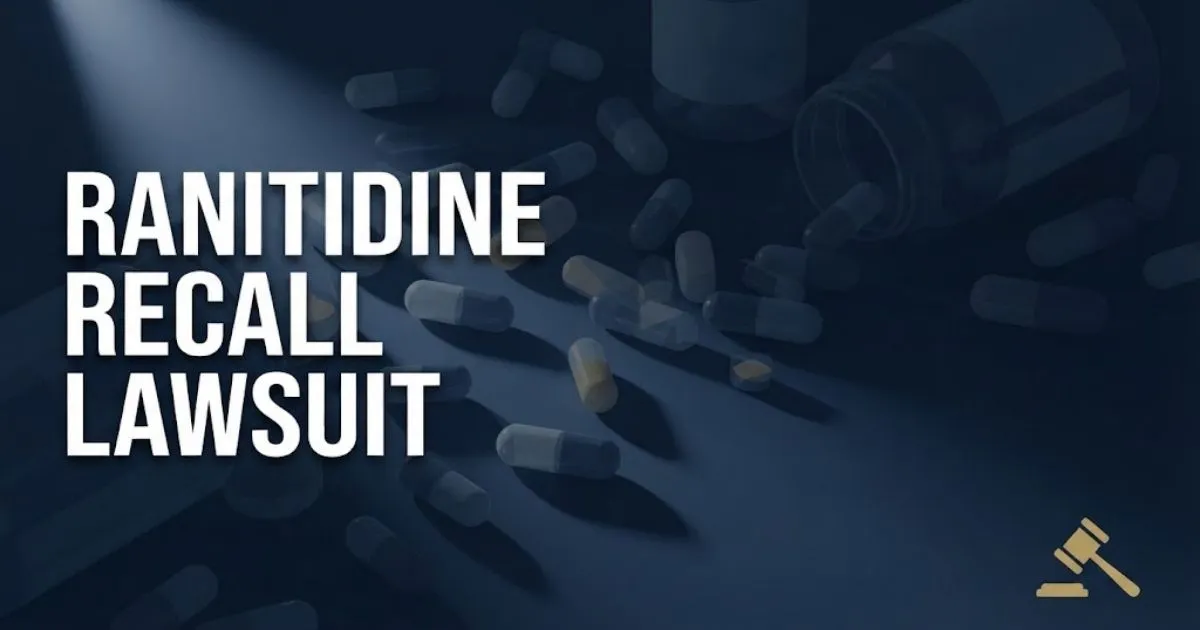 Ranitidine recall lawsuit hero banner with pharmaceutical capsules and gavel on navy blue background