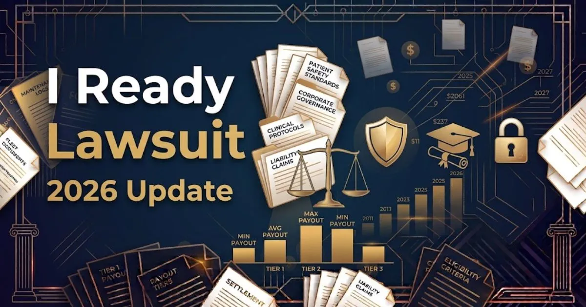 Ready Lawsuit 2026 hero banner with navy background, gold legal icons, and bold headline text