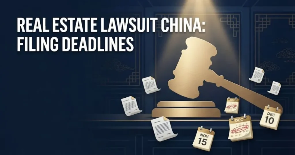Real estate lawsuit China filing deadlines graphic with abstract courtroom gavel and document icons on navy background
