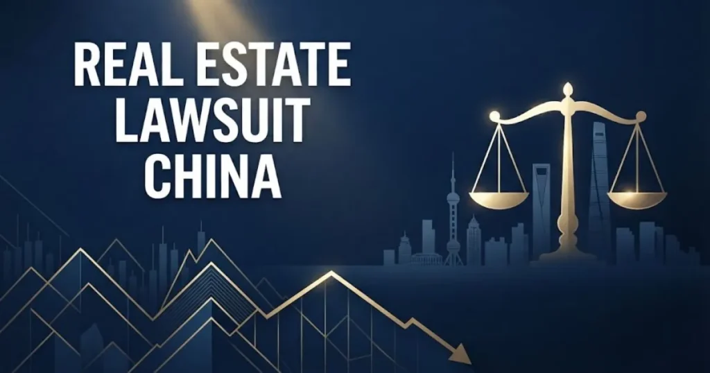 Real estate lawsuit China hero banner with Shanghai skyline silhouette and golden scales of justice on navy background