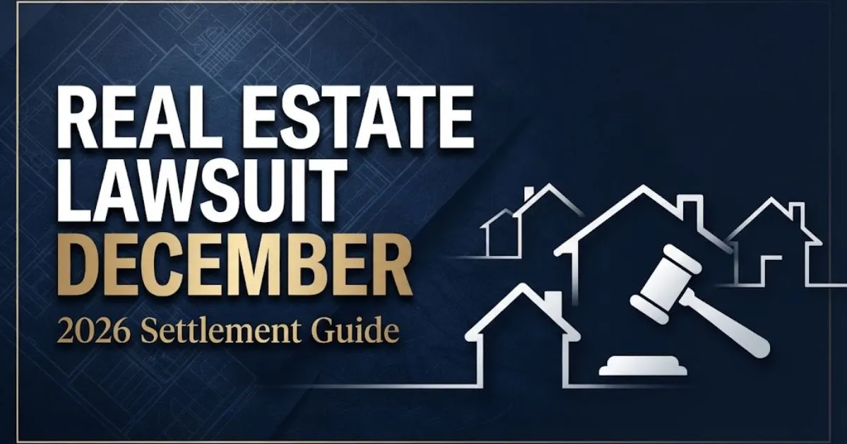 Real estate lawsuit December 2026 settlement guide hero banner with navy background and gold legal icons