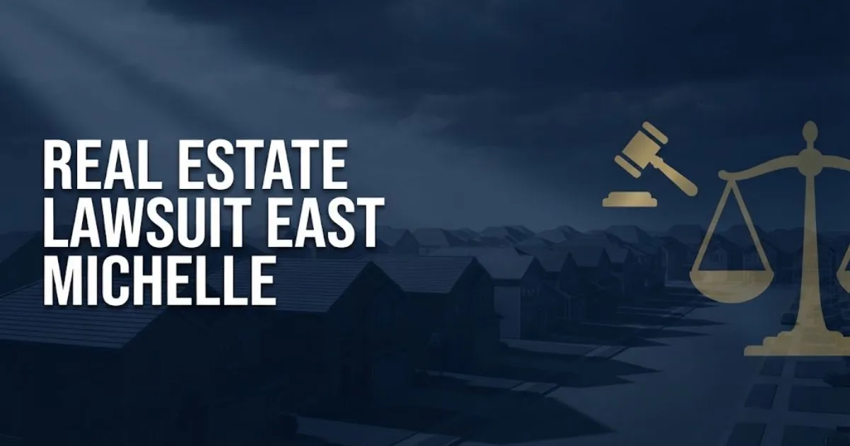 Real estate lawsuit east michelle hero banner with housing development silhouette and legal symbols in navy and gold