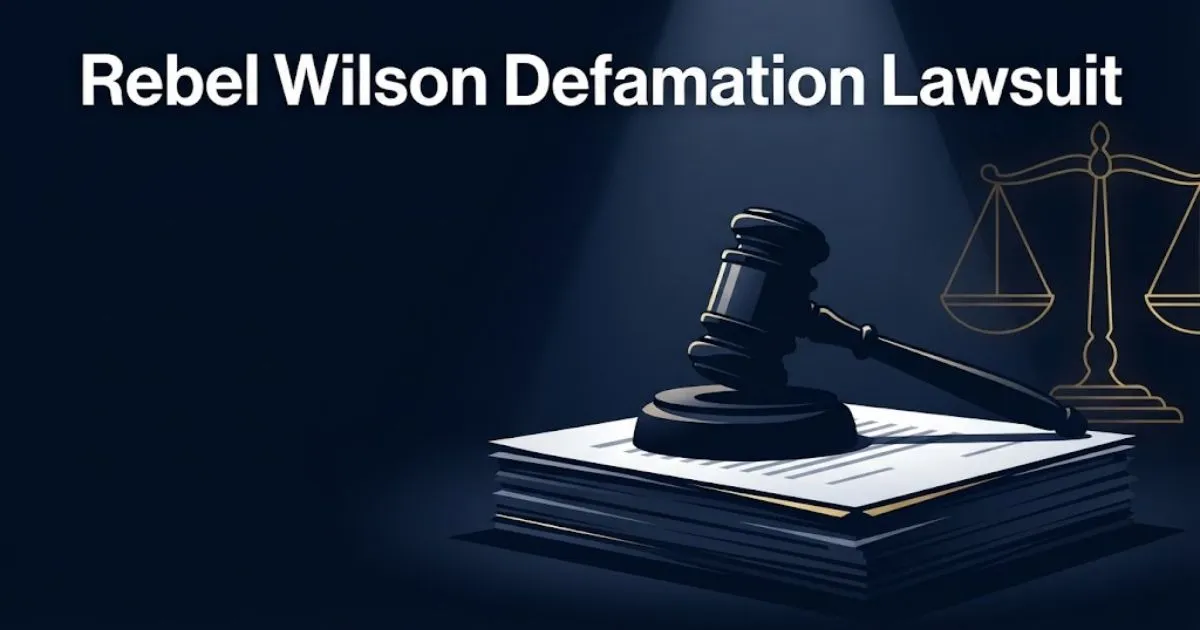 Rebel Wilson defamation lawsuit hero banner with gavel and scales of justice in navy and gold