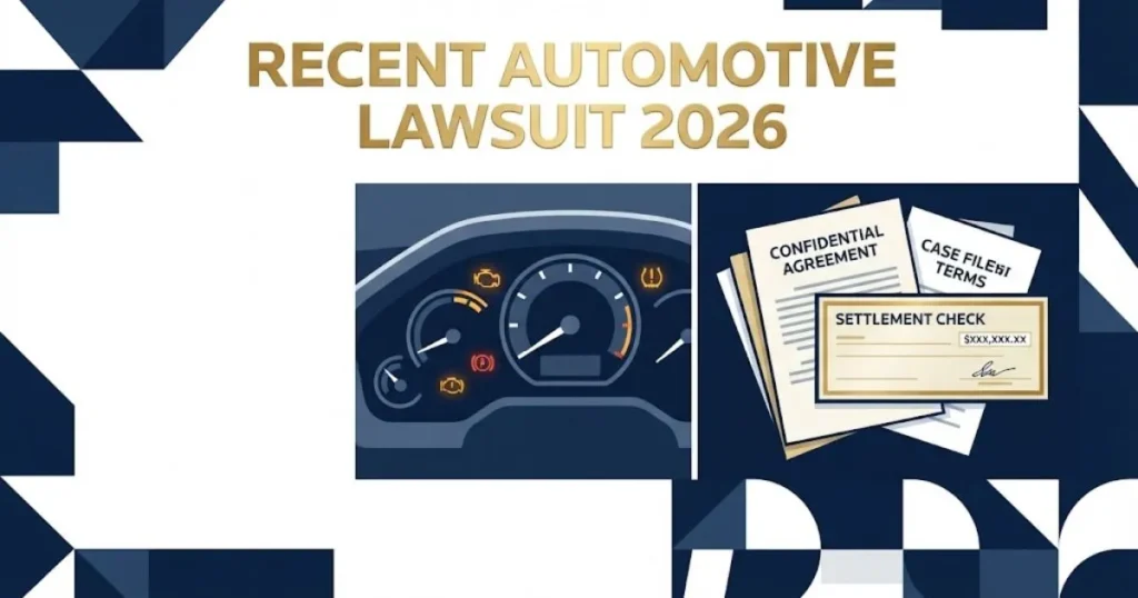 Recent automotive lawsuit 2026 graphic showing vehicle dashboard warning lights and settlement documents