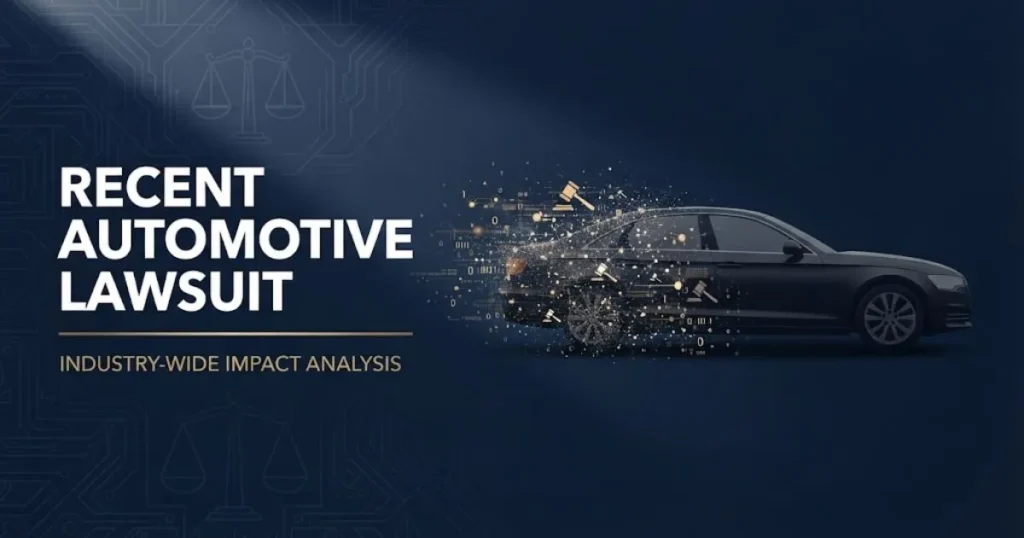 Recent automotive lawsuit hero banner with car silhouette and legal gavel icons on navy background
