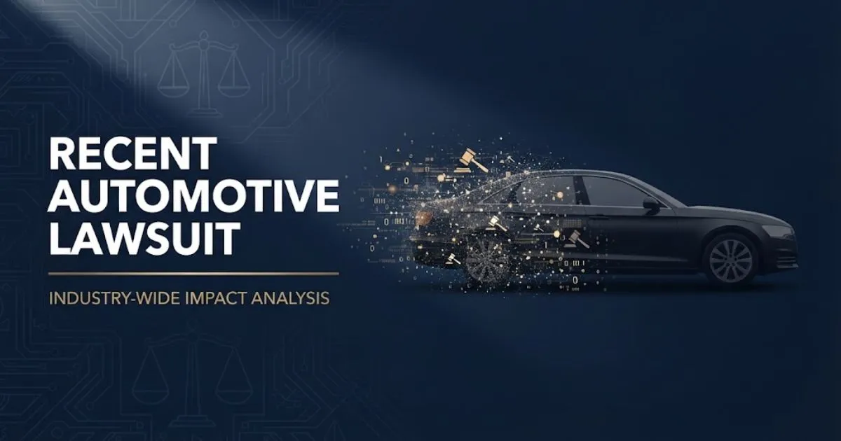 Recent automotive lawsuit hero banner with car silhouette and legal gavel icons on navy background