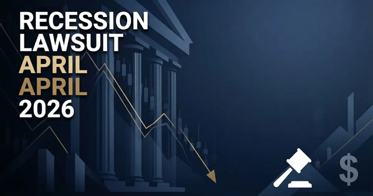 Recession lawsuit April 2026 hero banner with courthouse columns and descending financial chart graphics on navy background