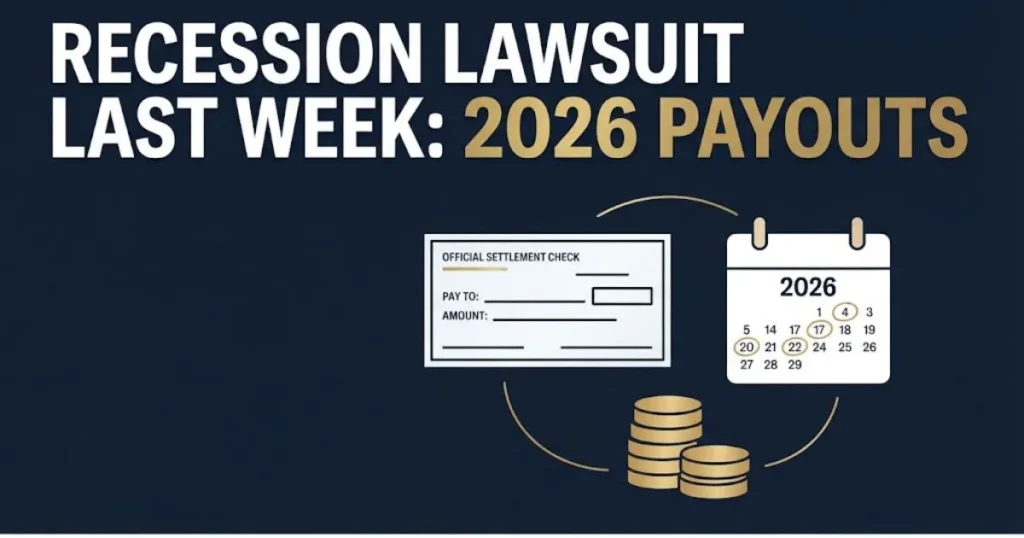 Recession lawsuit last week 2026 payouts graphic with settlement check and deadline calendar icons