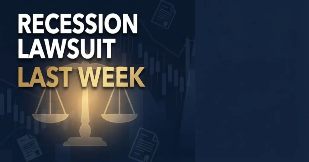 Recession lawsuit last week headline over navy blue financial charts and golden scales of justice