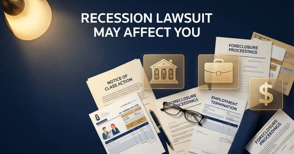 Recession lawsuit may supporting graphic with legal documents and financial icons on dark navy background
