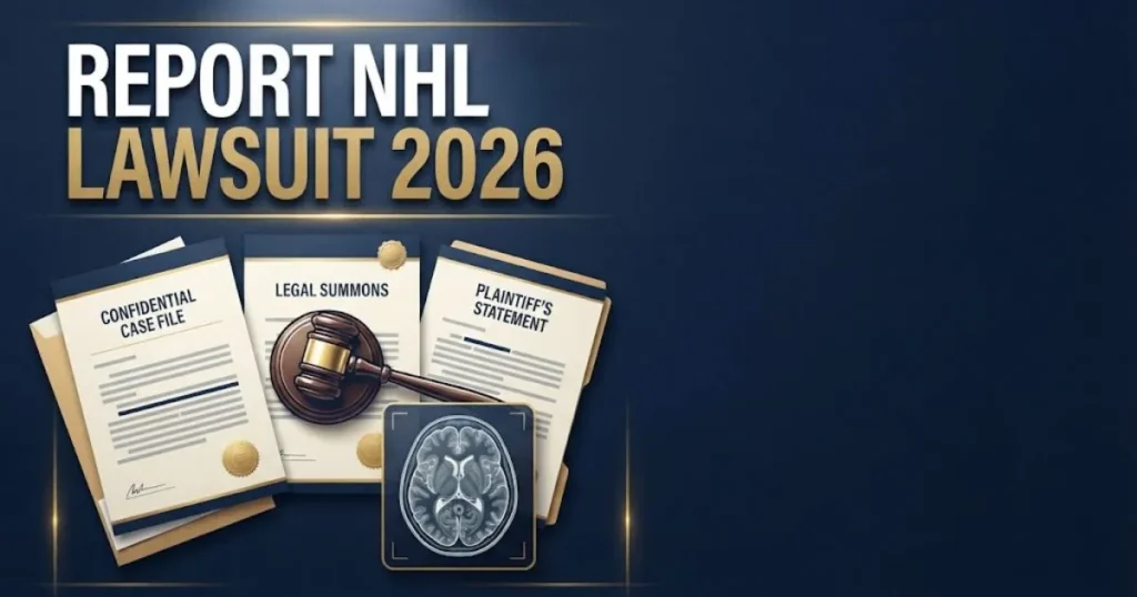 Report NHL Lawsuit 2026 supporting graphic with legal documents and brain scan icons on navy background