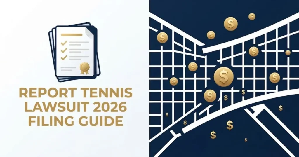 Report Tennis Lawsuit 2026 filing guide graphic with document icons, tennis net pattern, and gold settlement symbols
