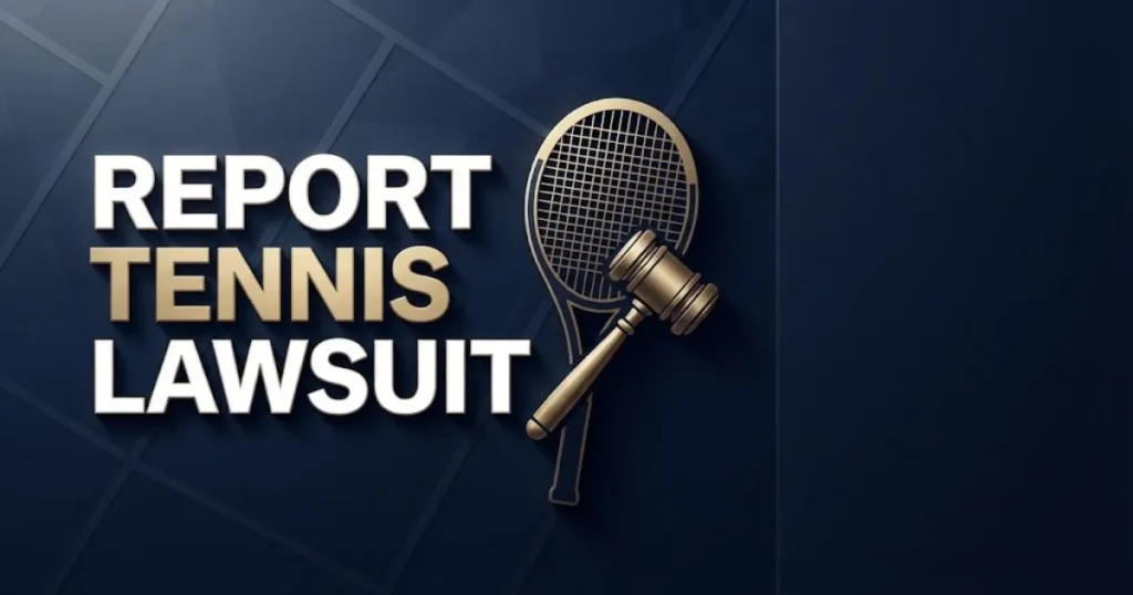 Report Tennis Lawsuit hero banner with navy blue background, tennis racket silhouette, and gold legal gavel icon