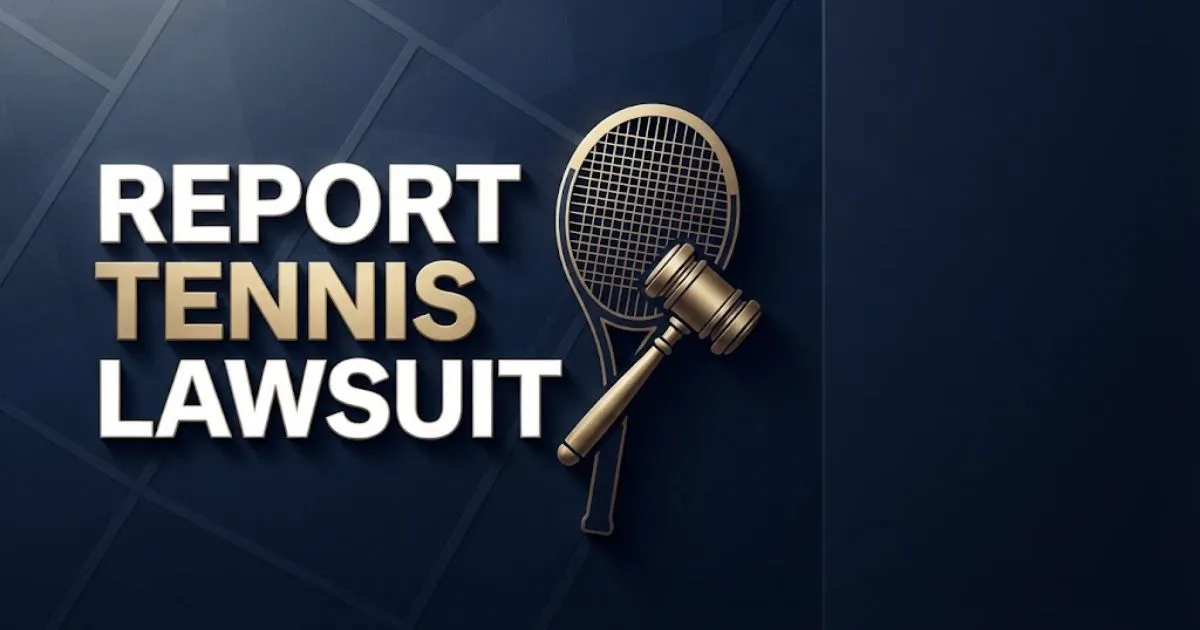 Report Tennis Lawsuit hero banner with navy blue background, tennis racket silhouette, and gold legal gavel icon