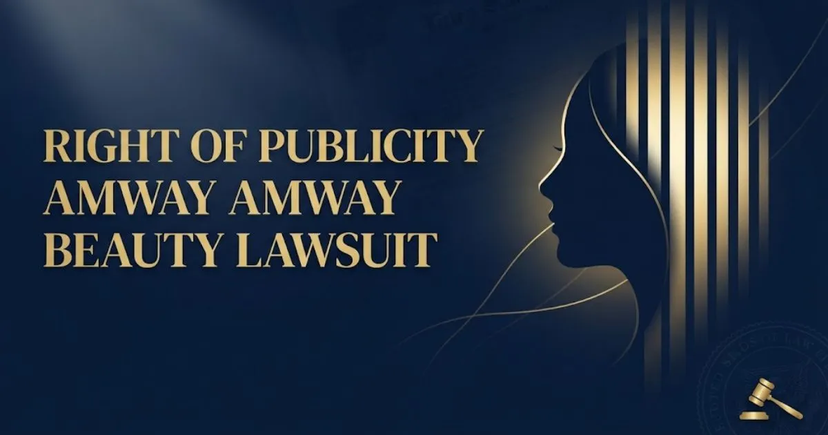Right of publicity Amway Amway Beauty lawsuit 2026 hero banner with gold headline and legal identity graphic.