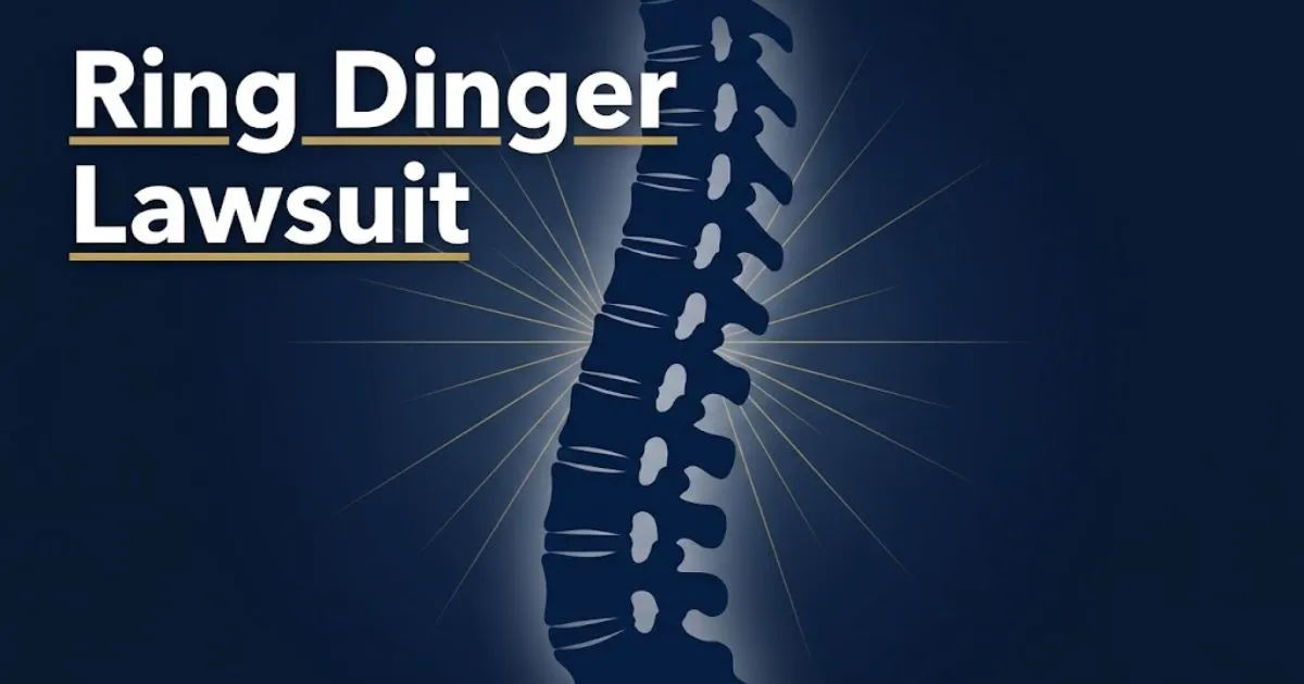 Ring dinger lawsuit hero banner with spinal column silhouette and bold headline text on navy background