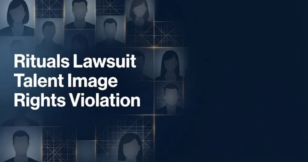 Rituals lawsuit talent image rights violation banner with abstract portrait silhouettes and legal theme