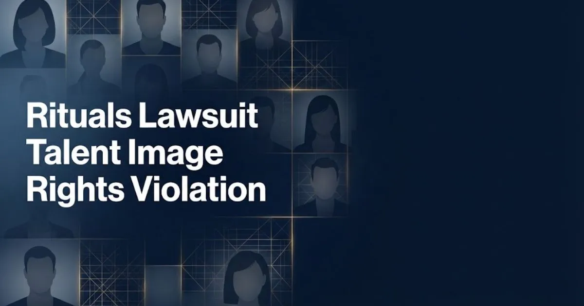 Rituals lawsuit talent image rights violation banner with abstract portrait silhouettes and legal theme