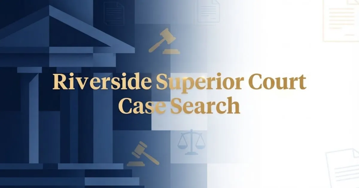 Riverside superior court case search hero banner with courthouse silhouette and gold legal icons on navy background