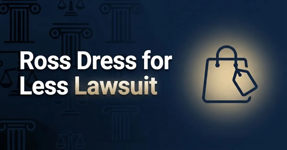Ross Dress for Less Lawsuit hero banner with navy background, gold accents, and price tag icon