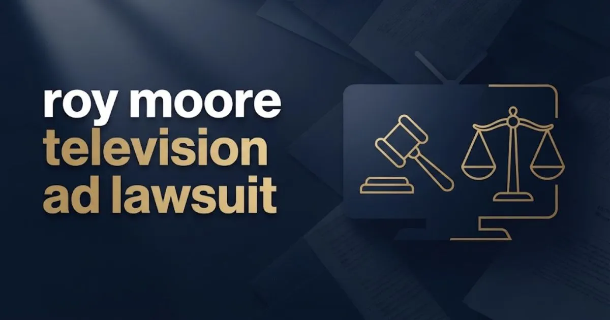 Roy Moore television ad lawsuit banner with legal symbols and TV screen silhouette on navy background