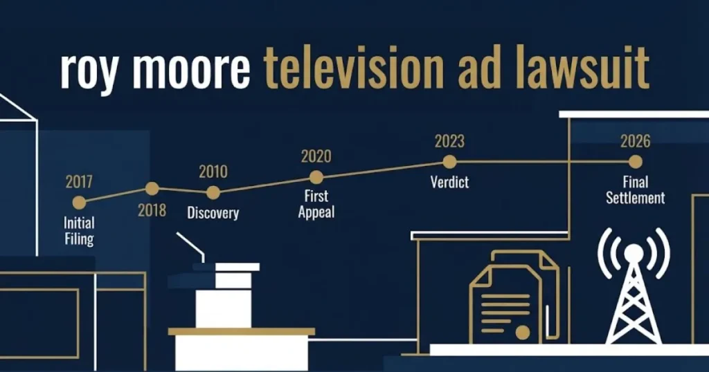 Roy Moore television ad lawsuit timeline graphic with courtroom icons on dark navy editorial background