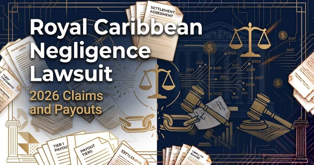 Royal Caribbean negligence lawsuit hero banner with cruise ship silhouette and legal scales icon in navy and gold
