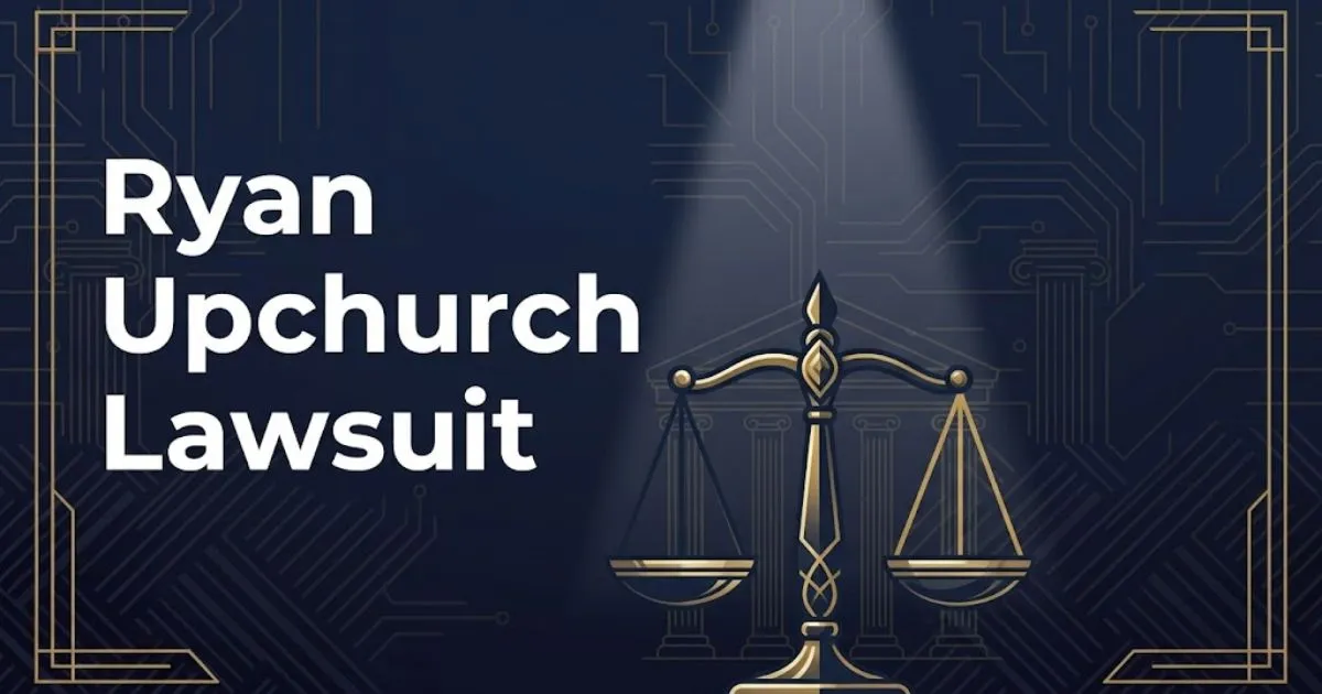 Ryan Upchurch lawsuit hero banner with legal scales and courthouse imagery in navy and gold