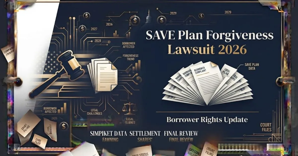 SAVE Plan Forgiveness Lawsuit 2026 hero banner with gavel and legal document icons on navy background.