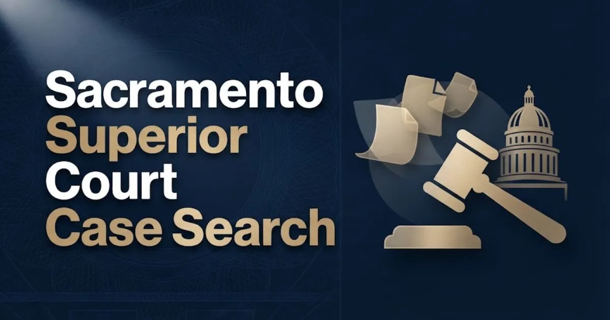 Sacramento superior court case search banner with gavel icon and courthouse silhouette on navy background