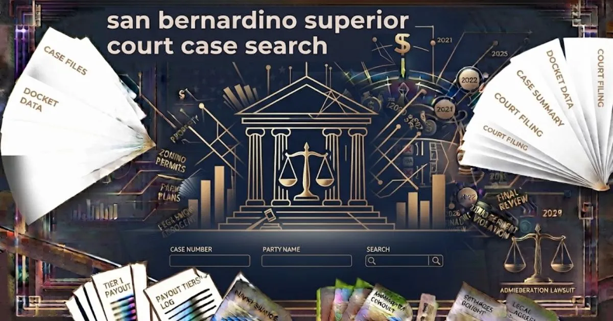 San Bernardino superior court case search banner with stylized courthouse and digital search elements in navy and gold