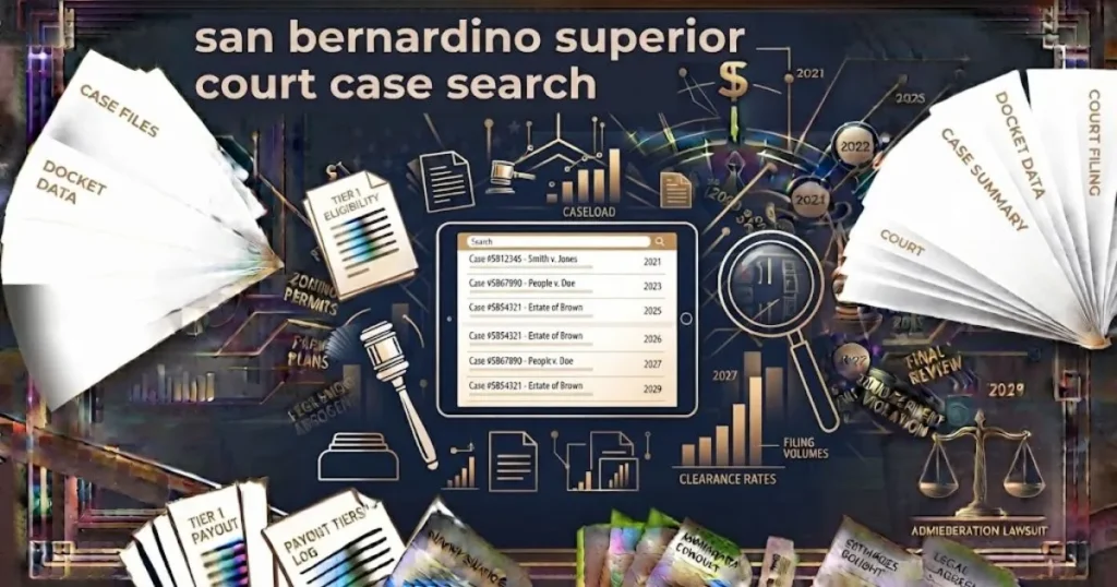 San Bernardino superior court case search graphic showing abstract legal documents and digital search interface in navy and gold