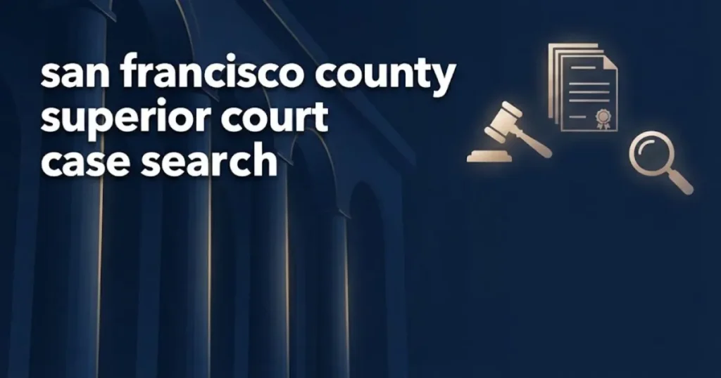 San Francisco county superior court case search hero banner with courthouse columns and legal icons in navy and gold
