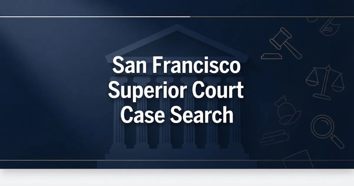 San Francisco superior court case search hero banner with courthouse silhouette and legal icons on navy background