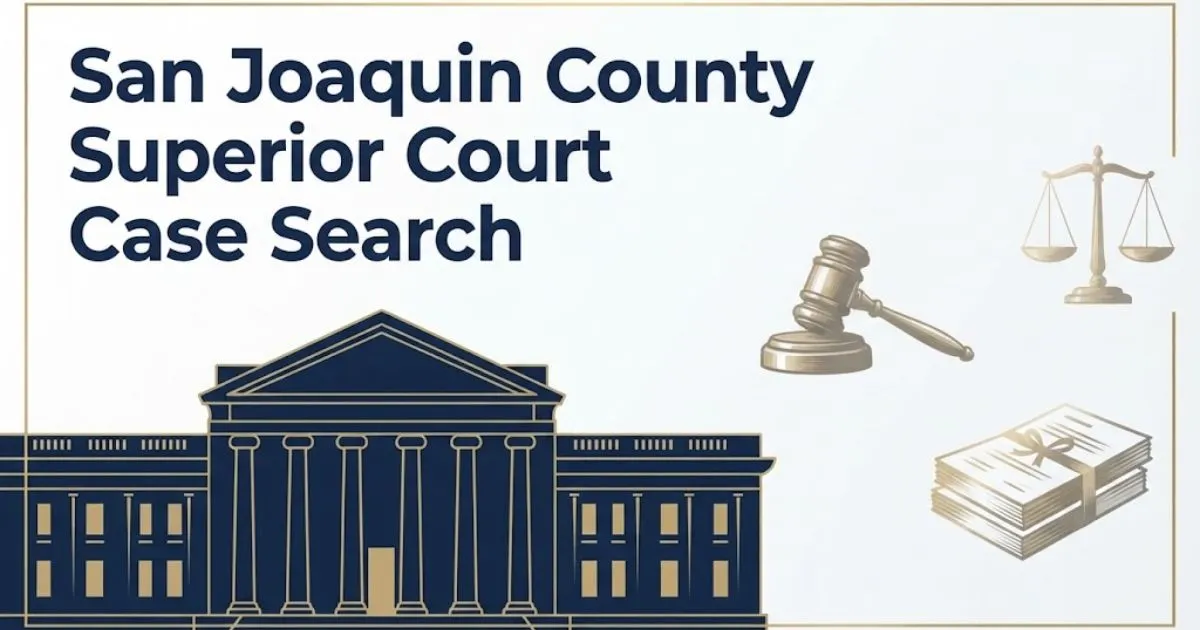 San Joaquin County Superior Court case search banner with courthouse silhouette and legal icons on navy background