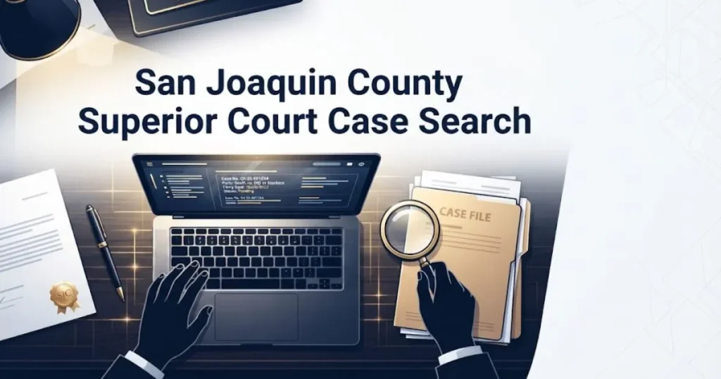 San Joaquin County Superior Court case search graphic showing laptop with court records and magnifying glass icon